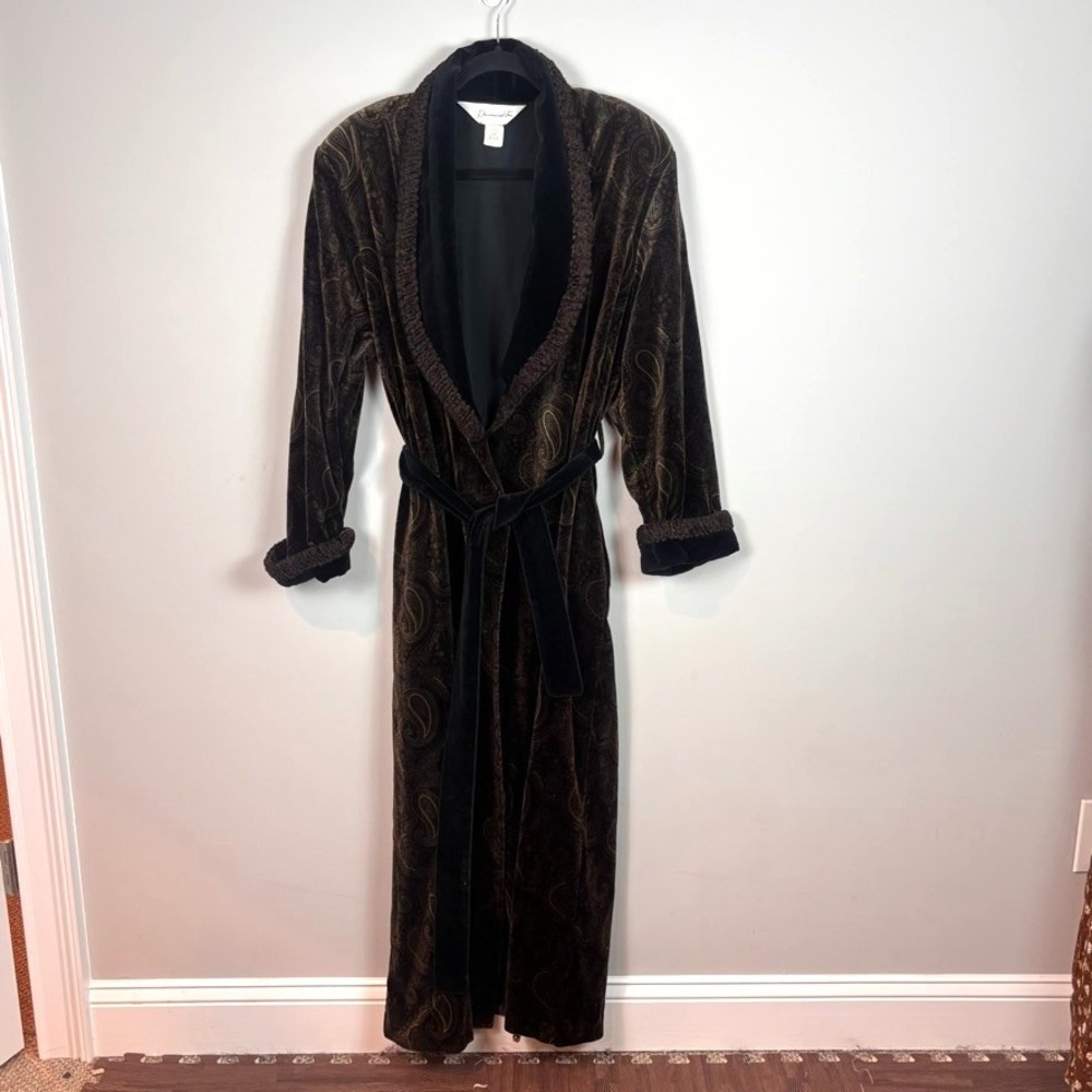 Vintage Diamond Tea Brown Paisley Velvet Cuff Long Robe Size Medium Mob Wife